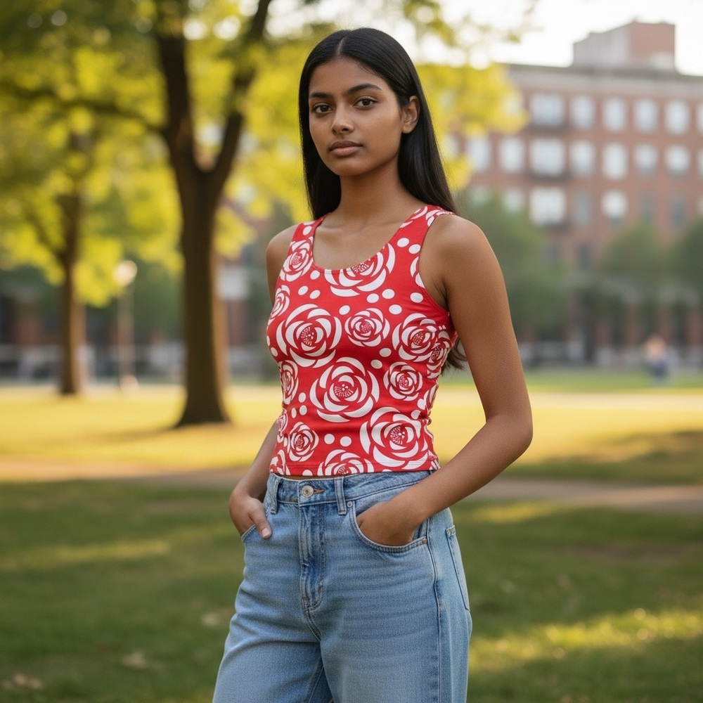 VINTAGE 90’s Marika Red Stretch Rosette Print Tank Top Size M